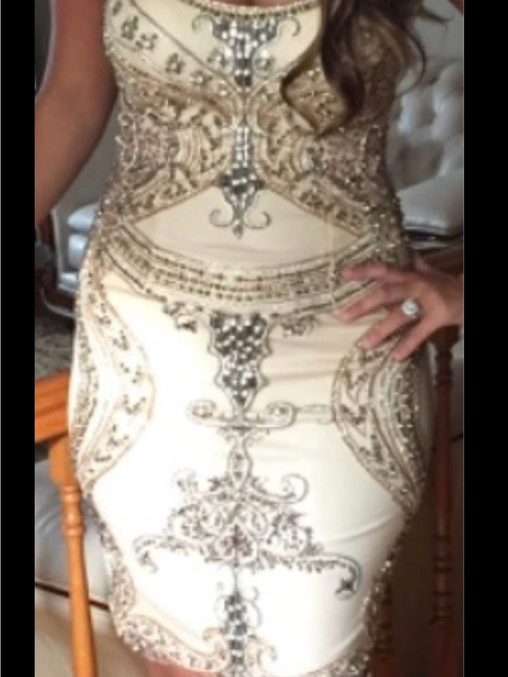 Terani Couture Ivory Midi Dress with Gold Beaded Embroidery